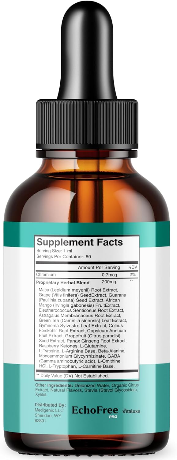 Tinnitus Relief Drops for Ringing Ears - EchoFree Liquid Supplement with Advanced Vitamins for Ear Health Support - 2oz