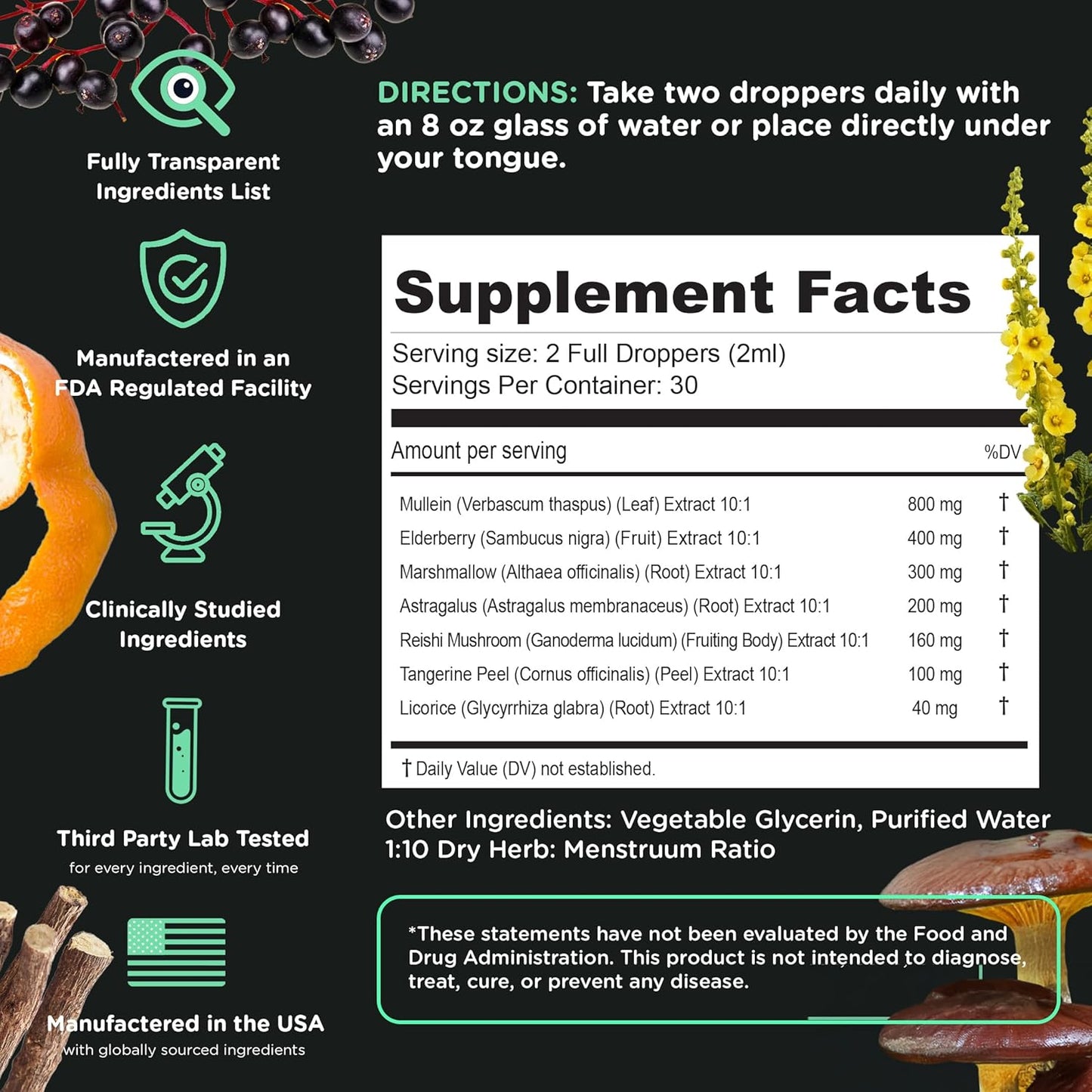 SuperBonsai Super Lungs Mullein Drops – Herbal Lung Support Tincture with Mullein Leaf Extract Elderberry Reishi Marshmallow Root – Supports Clear Breathing & Wellness – 2 oz