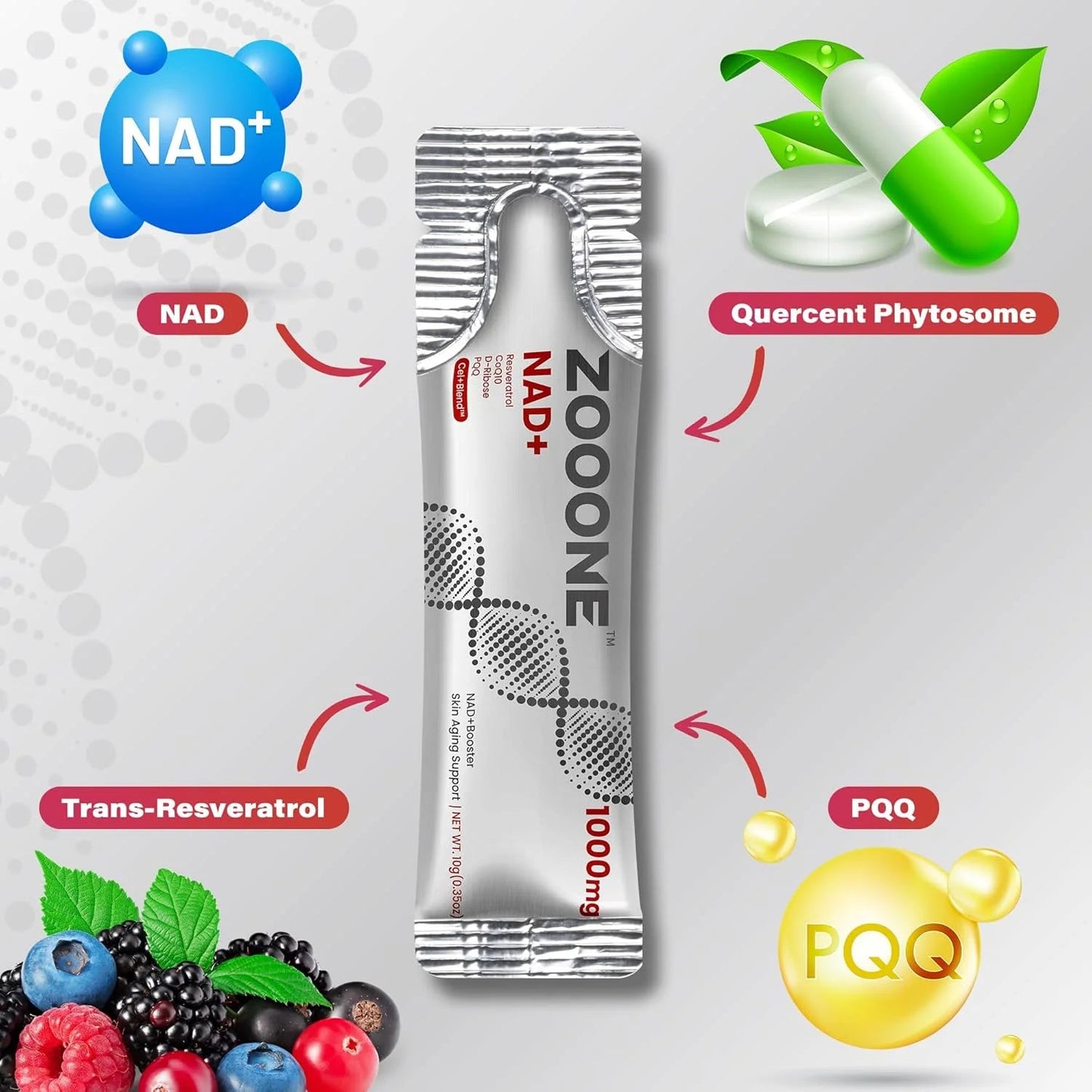 ZOOONE NR1000 - NAD+ Berry Flavor Drink Mix for Skin Aging Support, Energy, and Focus - 30 Pack