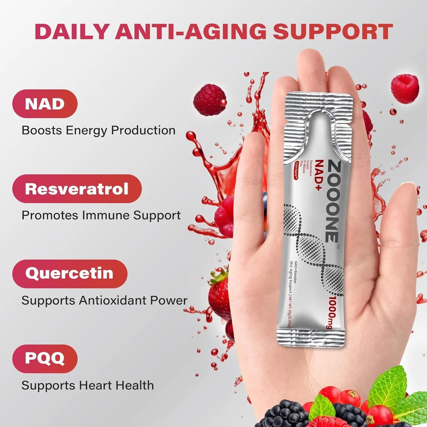 ZOOONE NR1000 - NAD+ Berry Flavor Drink Mix for Skin Aging Support, Energy, and Focus - 30 Pack