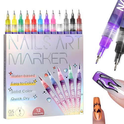 3D Nail Art Pens Set | 12 Vibrant Colors Fine Tip 0.5mm | Quick-Dry Liner & Dotting Tools for Salon or Home