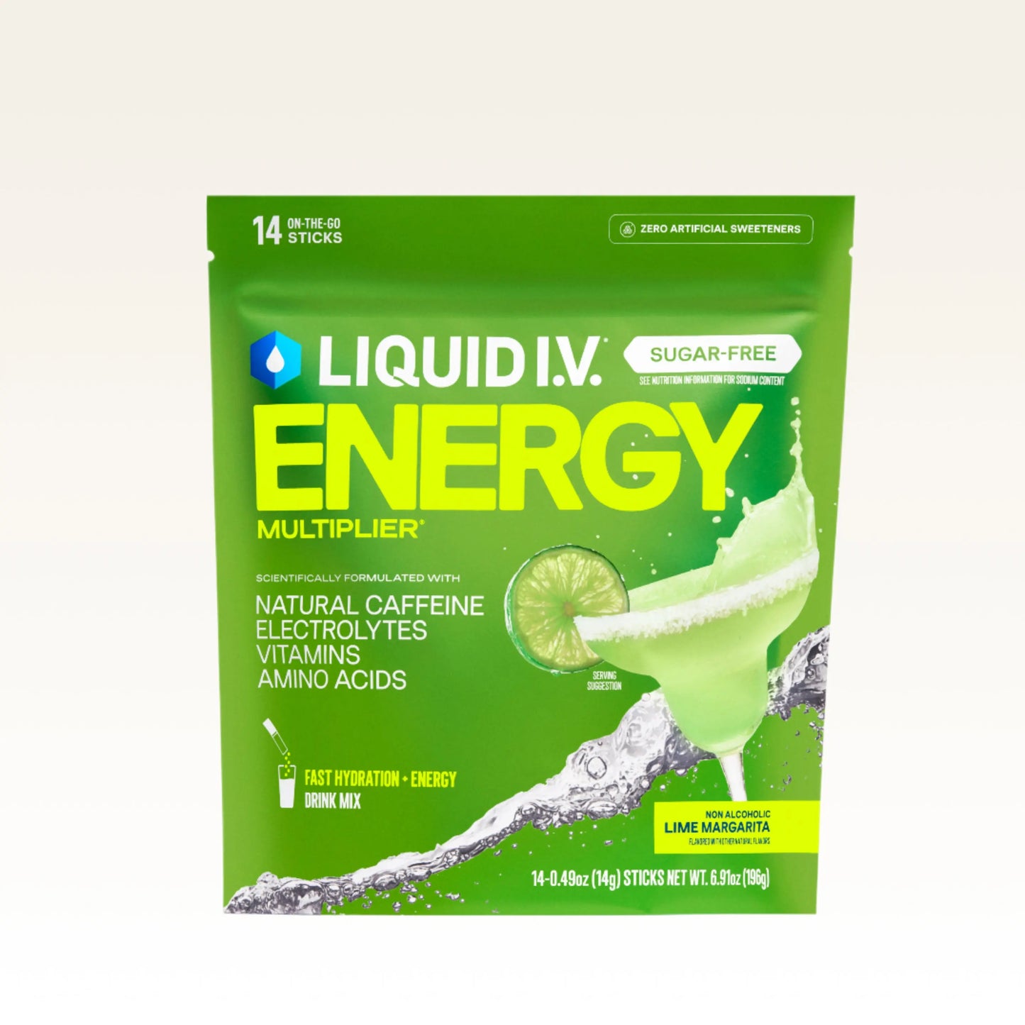 Liquid I.V. Sugar-Free Energy Multiplier - Lime Margarita - Hydration Powder Packets | Electrolyte Powder Drink Mix | Convenient Single-Serving Sticks | Includes Natural Caffeine | 1 Pack (14 Servings)