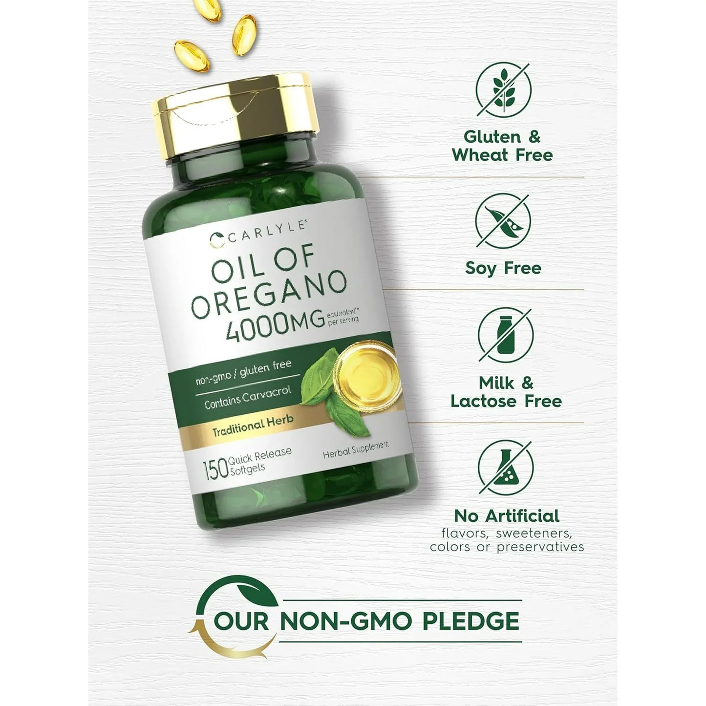 Oregano Oil 4000mg Supplement | 150 Softgel Capsules | Contains Carvacrol | Non-GMO & Gluten Free Formula