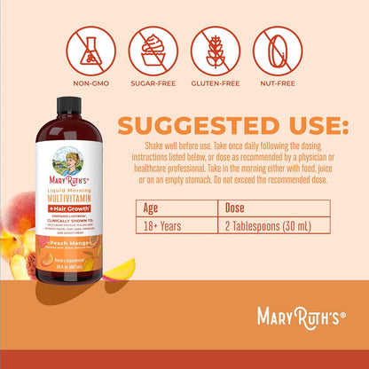 Liquid Multivitamin+Hair Growth | Clinically Tested for Thicker Hair & Facial Wrinkles in Women |  Lustriva Hair Growth Supplement | Peach Mango 15.22 Fl Oz