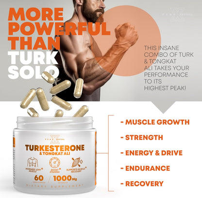 Turkesterone & Tongkat Ali - Muscle Builder & Strength Supplement for Athletes - 1000mg Per Serving, 60 Capsules