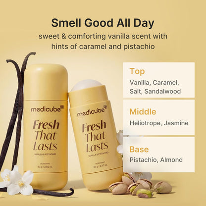 [NEW] [medicube] Deodorant Vanilla & Pistachio Fresh That Lasts | 24 Hour Odor Control, No Aluminum, Baking Soda, Parabens, Phthalates, Ethanol | Brightening & Smoothing for Dark Underarms with Kojic Acid & Turmeric | Korean Skincare, K-Beauty