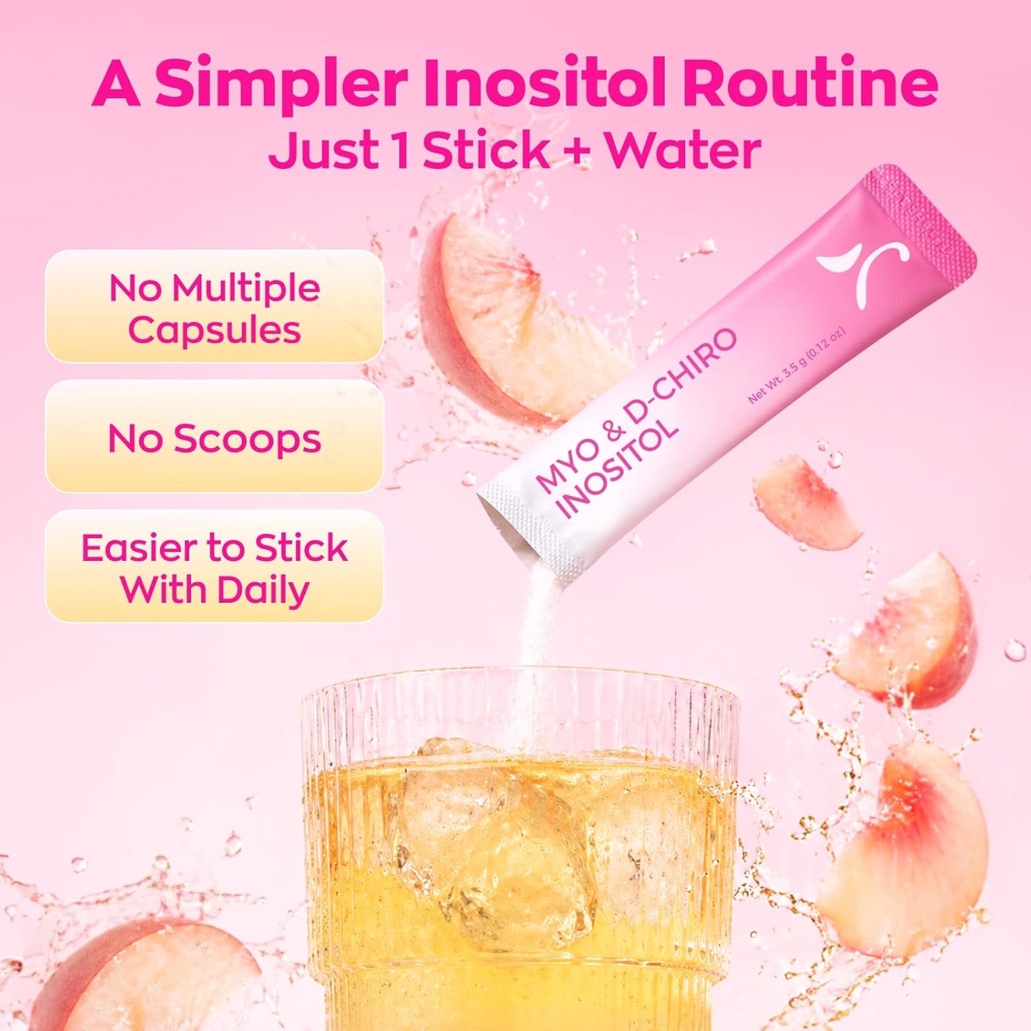 Gynable Myo-Inositol & D-Chiro Inositol Supplement for Women - 40:1 Ratio, Peach Powder Drink Mix Stick Packets, Support Healthy Cycles, Hormonal Balance & Ovarian Health, 20 Servings