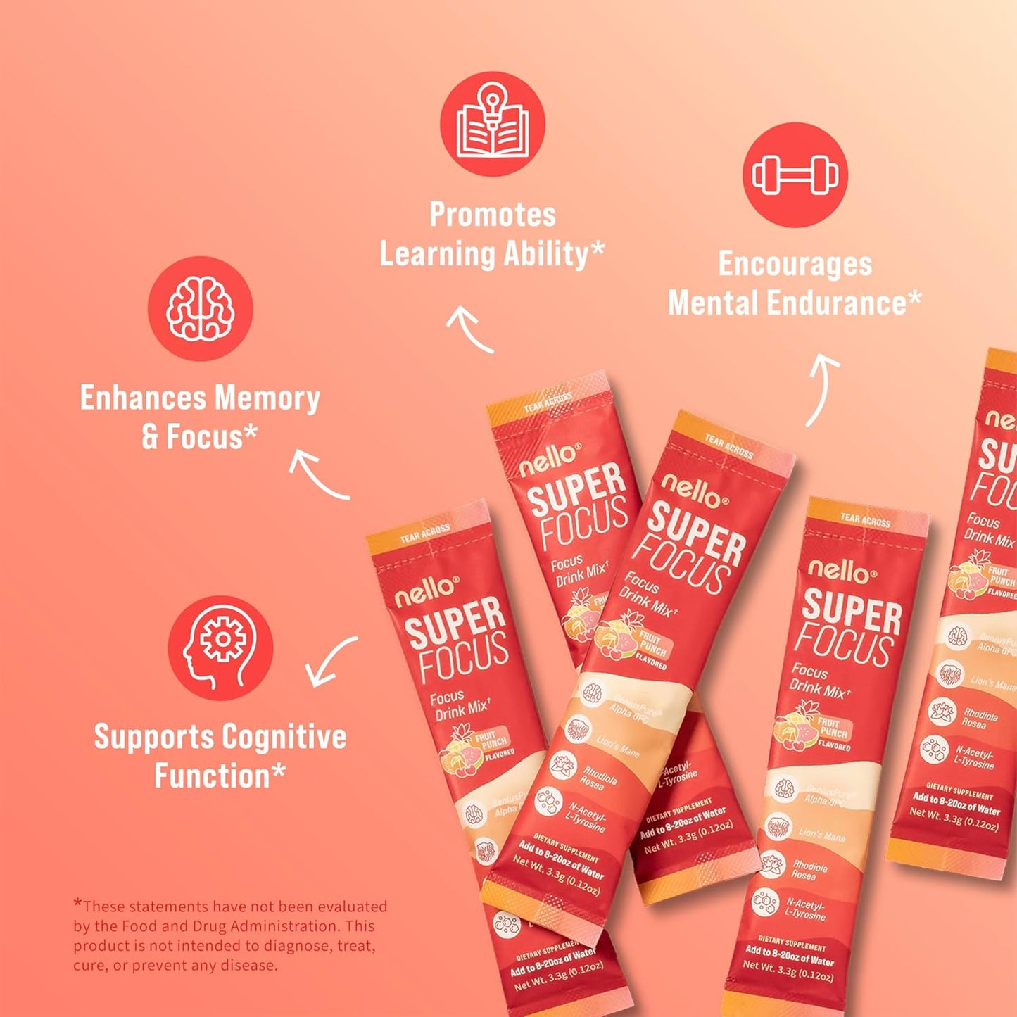 Drink Mix – Fruit Punch Flavor – Alpha GPC, Lion’s Mane, Rhodiola & N-Acetyl L-Tyrosine – Sugar-Free, On-The-Go Packets – 20 Servings