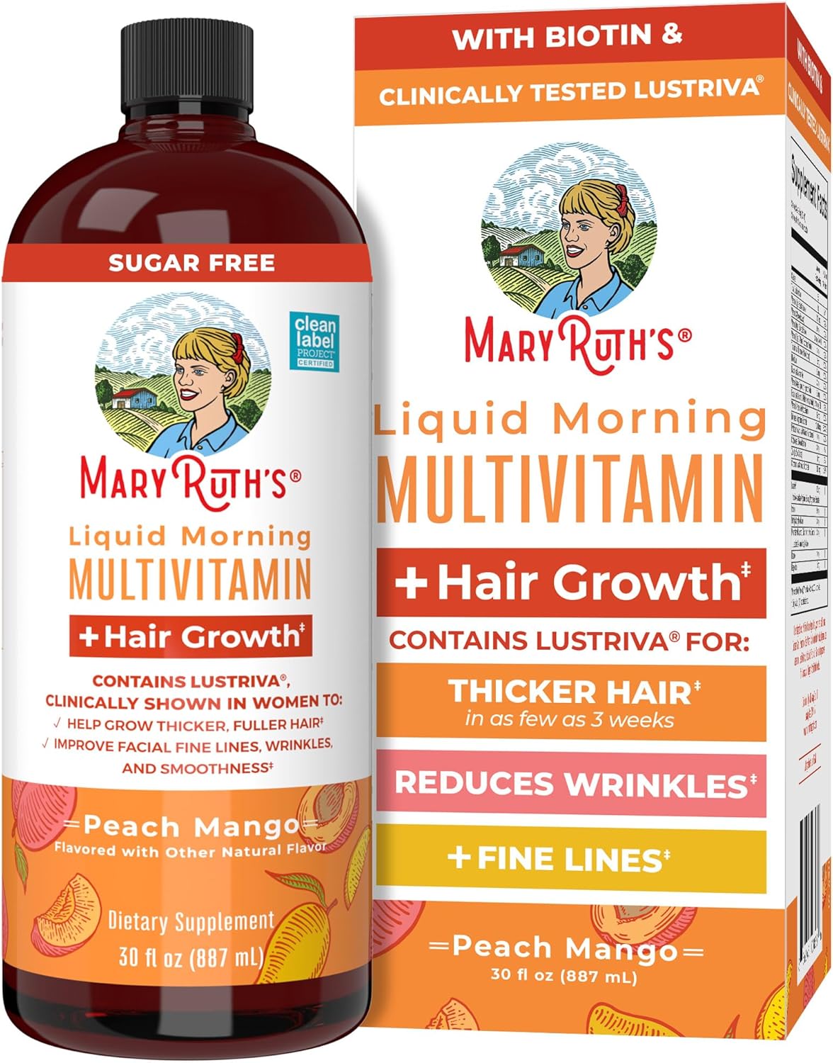 Liquid Multivitamin+Hair Growth | Clinically Tested for Thicker Hair & Facial Wrinkles in Women |  Lustriva Hair Growth Supplement | Peach Mango 15.22 Fl Oz