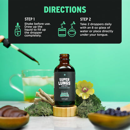 SuperBonsai Super Lungs Mullein Drops – Herbal Lung Support Tincture with Mullein Leaf Extract Elderberry Reishi Marshmallow Root – Supports Clear Breathing & Wellness – 2 oz