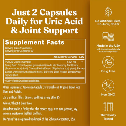 Eu Natural Purge Uric Acid Flush - Eat & Drink What You Want - Uric Acid Support for Joints & Mobility with Celery Seed, Tart Cherry & Chanca Piedra - 60 Vegetarian Capsules