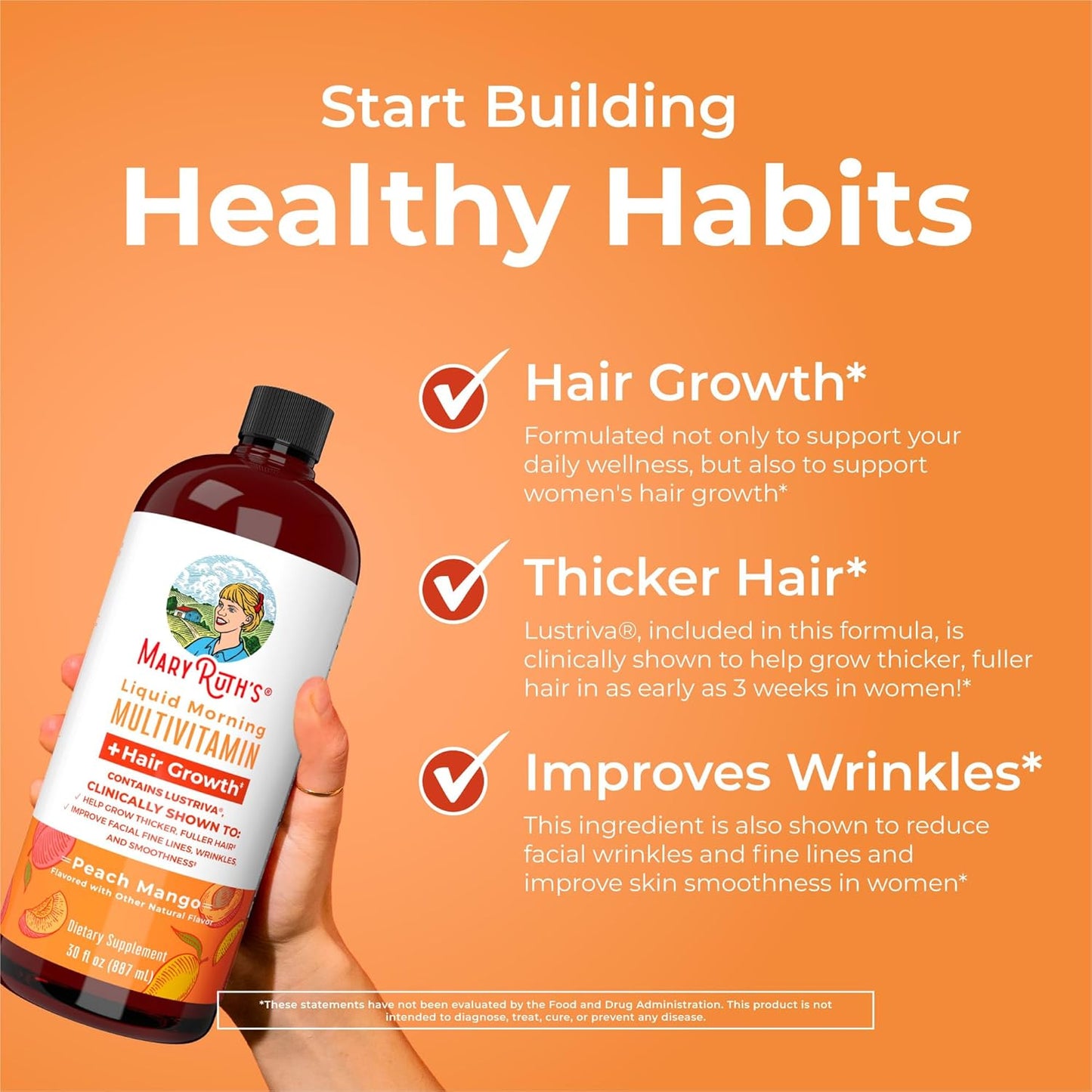 Liquid Multivitamin+Hair Growth | Clinically Tested for Thicker Hair & Facial Wrinkles in Women |  Lustriva Hair Growth Supplement | Peach Mango 15.22 Fl Oz
