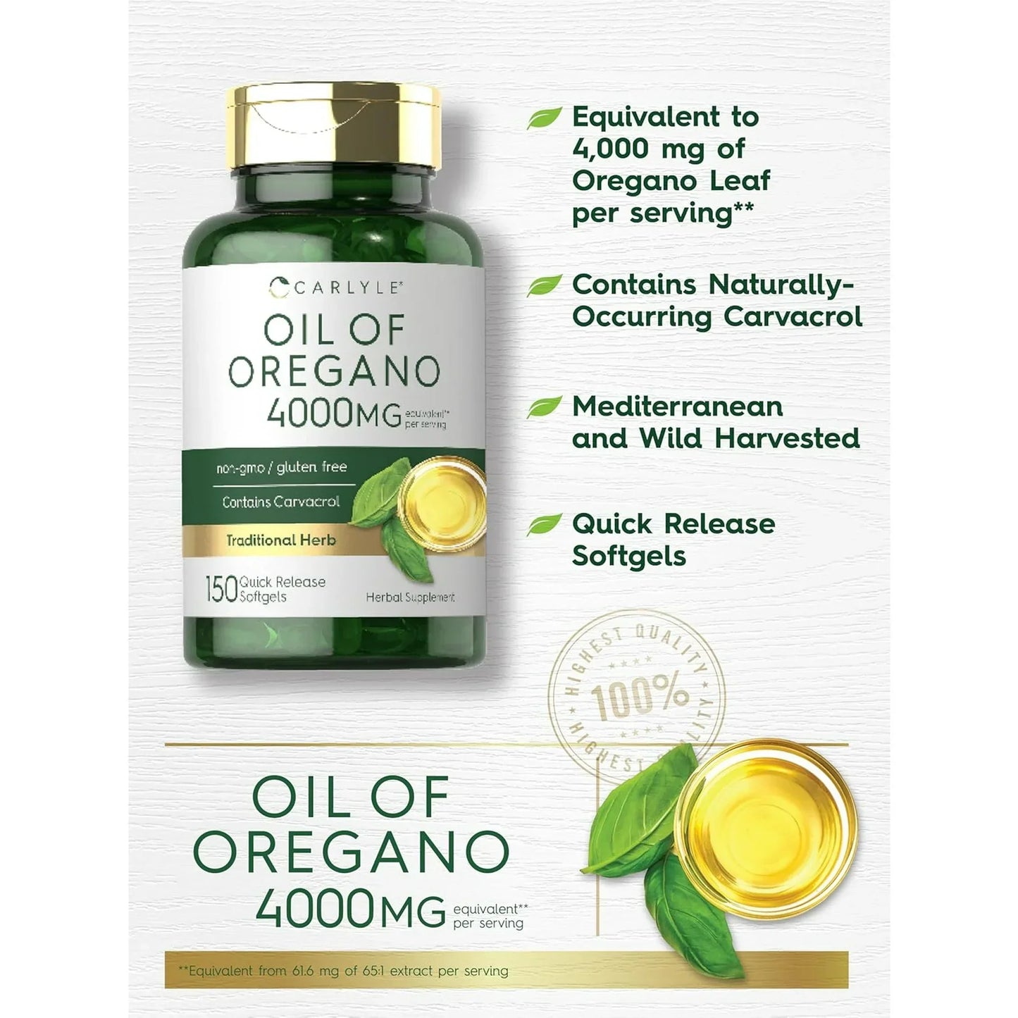 Oregano Oil 4000mg Supplement | 150 Softgel Capsules | Contains Carvacrol | Non-GMO & Gluten Free Formula