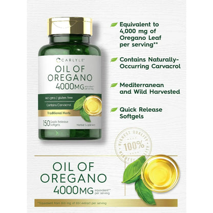 Oregano Oil 4000mg Supplement | 150 Softgel Capsules | Contains Carvacrol | Non-GMO & Gluten Free Formula