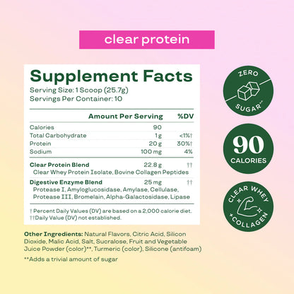 Bloom Nutrition Clear Protein - Clear Whey + Collagen Protein Blend | 20g Protein, 90 Calories, 0g Sugar, Light & uct Refreshing Fruity Drink | Protein for Women