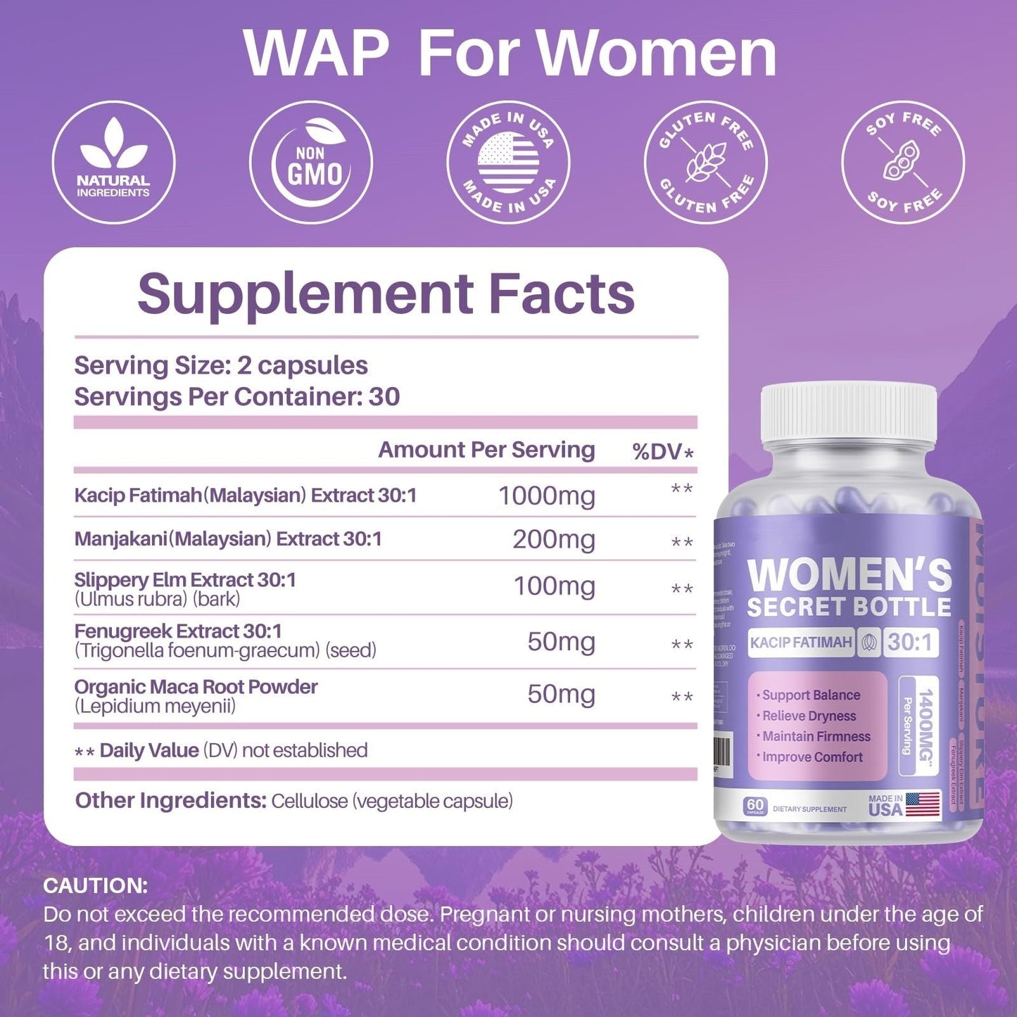 60 Capsules Vaginal Moisturizer Kacip Fatimah 1,000mg&Manjakni 200mg for Female